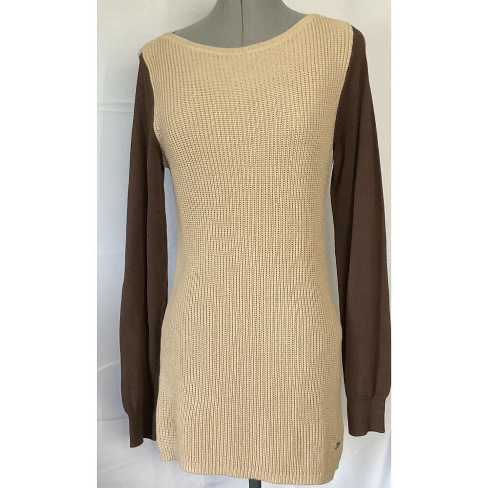 RALPH LAUREN Two Tone Jumper Sweater Fisherman Rib Logo Badge Retro Size S Brown